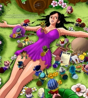 drawing giantess color fantasy nico_robin one_piece captured outdoors downward_angle dwarfs horizonofdreams tolkienop cabins