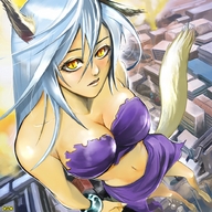drawing giantess city destruction barefoot cleavage buildings omc foot_print cat_girl orange_eyes downward_angle