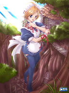 drawing gentle giantess blonde color bridge blue_eyes clothed stockings omc tree green_hair walking maid_uniform outdoors source_needed on_shoulder cottage treehouse