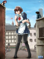 drawing giantess buildings stockings omc nylons shrunken_people maid_uniform sky looking_at_viewer