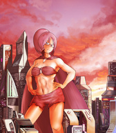 drawing giantess city buildings glasses yilx red_hair muscles belly skyscraper clouds