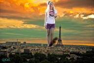 giantess collage city blonde destruction clothed buildings tower clouds sky sunset