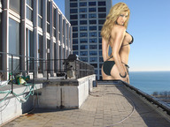 giantess collage blonde swimsuit ocean buildings wonderslug grin looking_at_viewer balcony side_view emily_scott
