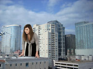 giantess collage small_man city buildings helicopter brunette wonderslug leaning_against rooftop leaning_forward rooftop_view looking_at_helicopter alison_carroll