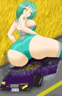 breasts drawing giantess crush butt yellow_eyes green_hair sitting vehicles vehicle_crush articalnight behind_view