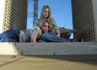 giantess collage blonde shrunken_people looking_at_viewer between_buildings accasbel olsen_twins
