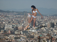 breasts giantess collage city mega black_hair destruction buildings bus sneakers dark_skin smoke dust accasbel barcelona