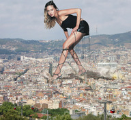 giantess collage city destruction high_heels buildings straps looking_at_viewer bending_forward accasbel estella_warren