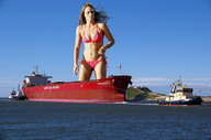 giantess collage swimsuit ocean wonderslug sky ships cargo_ship tug_boat amanda_beard