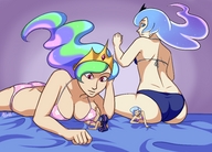 bikini breasts drawing gentle color large_breasts butt swimsuit blue_eyes cleavage bed butt_crush blue_hair purple_eyes sitting pink_eyes shrunken_woman indoors bedroom looking_back source_needed sitting_on my_little_pony twilight_sparkle princess_celestia no_background princess_luna looking_at_tiny multicolored_hair humanized_pony trixie_lulamoon wights