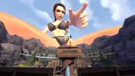 breasts giantess panties mega bra brunette low_angle brown_eyes gmod ponytail lingerie reaching thighs sky rocks lara_croft cliff tomb_raider microwave_tower shack digital_render