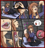 drawing vore tongue mouth teeth handheld saliva shrunken_men horo spice_and_wolf thor66 dangle swallowed bedroom between_fingers fox_girl panels stomach_view throat_view lawrence looking_at_tiny