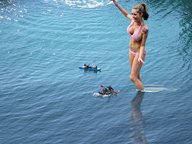 giantess collage swimsuit cleavage water smiling flip_flops tattoo manicure floating wading downward_angle accasbel paddles