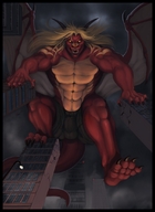 drawing macro horns wings anthro city destruction male claws teeth low_angle paws muscles looking_down cock_bulge looking_at_victim glowing_eyes