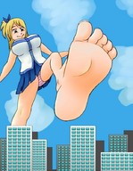 breasts drawing giantess panties city upskirt toes barefoot buildings soles low_angle looking_down sky fairy_tail point_of_view raised_foot imminent_crush