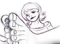 drawing giantess crush monochrome toes shrunken_men entrapment pinned between_feet homestuck kinkstuck marshmallowbeam looking_at_tiny roxy_lalonde