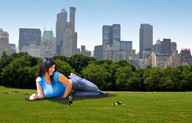 giantess collage city black_hair clothed buildings jeans smiling wonderslug shrunken_people skyscraper grass denise_milani city_park