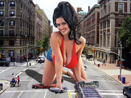 breasts giantess collage city cleavage brunette smiling wonderslug crawling streets denise_milani looking_at_viewer city_street crushed_car