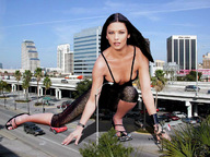 giantess collage feet city black_hair high_heels buildings brown_eyes small_breasts wonderslug streets vehicles crouching looking_at_viewer catherine_zeta_jones car_crush
