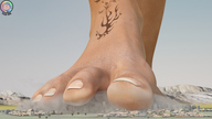 giantess crush micro feet city destruction barefoot purple_hair angle looking_down skyscraper upward under_foot tattoo toe_ring point_of_view goddessviolet violets_power digital_render