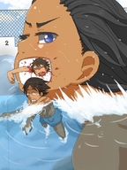 drawing giantess vore black_hair color blue_eyes blood gore shrunken_men swimming swimming_pool nekomata_(artist)