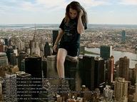 giantess collage city destruction clothed buildings brunette unknown_artist looking_down skyscraper sky foreign_text