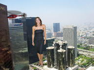 giantess collage city shoes brunette smiling wonderslug laughing skyscraper sky looking_at_helicopter missy_peregrym elegant_dress holding_vehicle