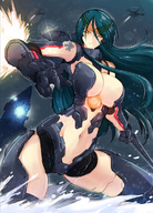 drawing giantess color swimsuit armor helicopter blue_hair military yellow_eyes underboob belly looking_at_viewer pacific_rim mech_girl gipsy_danger