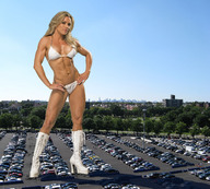 giantess collage blonde swimsuit buildings low_angle wonderslug boots muscles foot_print vehicles parking_lot trees looking_at_viewer white_boots