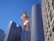 collage city low_angle wonderslug muscles shorts bus looking_down skyscrapers sky point_of_view bikini_top looking_at_viewer lisa_bickels