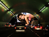 giantess collage cars traffic brunette wonderslug kneeling tunnel looking_at_viewer crushed_car looking_in