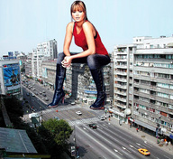 breasts giantess collage city mega blonde destruction clothed high_heels wonderslug boots sitting streets vehicles looking_at_viewer sitting_on_building car_crush