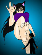 drawing small_man color barefoot soles green_eyes low_angle hand looking_down cat_girl point_of_view raised_foot imminent_crush looking_at_tiny