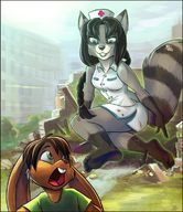 breasts drawing growth giantess furry anthro city color destruction blue_eyes clothed bunny barefoot playful buildings green_eyes outgrowing_building ponytail unknown_artist nurse raccoon braid running_away source_needed looking_at_tiny