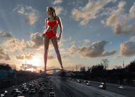 breasts giantess collage mega high_heels traffic brunette low_angle legs highway vehicles clouds sunset rings necklace gemma_atkinson evening_sky giantesscity