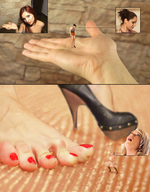collage micro blonde handheld barefoot brunette multiple_sizes red_hair palm shrunken_woman looking_down standing pedicure pointing deeane panels giantesscity