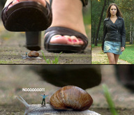 collage micro feet high_heels brunette shrunken_men walking unaware shrunken_man outdoors pedicure panels imminent_crush giantesscity on_snail snail_crush