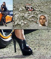 collage micro black_hair long_hair high_heels shrunken_men dark_skin shrunken_car rocks giantesscity race_car gravel