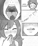 drawing vore monochrome tongue mouth licking story dangle between_fingers licking_lips looking_at_tiny