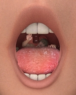 vore tongue mouth teeth handheld brunette couple shrunken_men shrunken_woman swallowed looking_at_tiny digital_render
