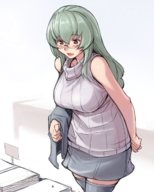 drawing micro color clothed glasses green_hair thigh_highs looking_at_victim shrunken_character