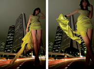 giantess collage city barefoot brunette low_angle dress looking_down streets night point_of_view looking_at_viewer city_lights accasbel