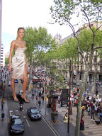 giantess collage feet high_heels smiling legs shrunken_people streets vehicles sidewalk kristanna_loken accasbel barcelona elegant_dress