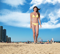 breasts giantess collage mega swimsuit beach barefoot ocean buildings brunette wonderslug walking sand sky looking_at_viewer beach_goers courtney_robertson