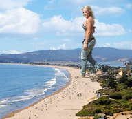 giantess collage blonde destruction beach barefoot ocean jeans wonderslug fire sand smoke clouds sky beach_goers lacey_schwimmer