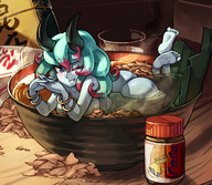 nude feet horns butt blue_eyes water grinning shrunken_woman bowl bracelet winking