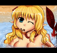 breasts drawing vore blonde color blue_eyes cleavage water mermaid shrunken_men mouthheld necklace ayumi170 winking