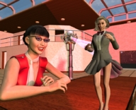 clothed skirt glasses shrunken tie shrunken_woman laughing indoors shrink_gun scarf digital_render