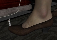 high_heels shrunken_men carpet giant_foot calling_up wire_or_cord white_clothes brown_shoe digital_render