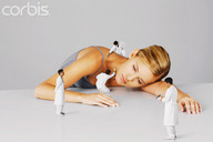 blonde shrunken_men advertisement leaning_forward corbig lab_coats dejected_giantess